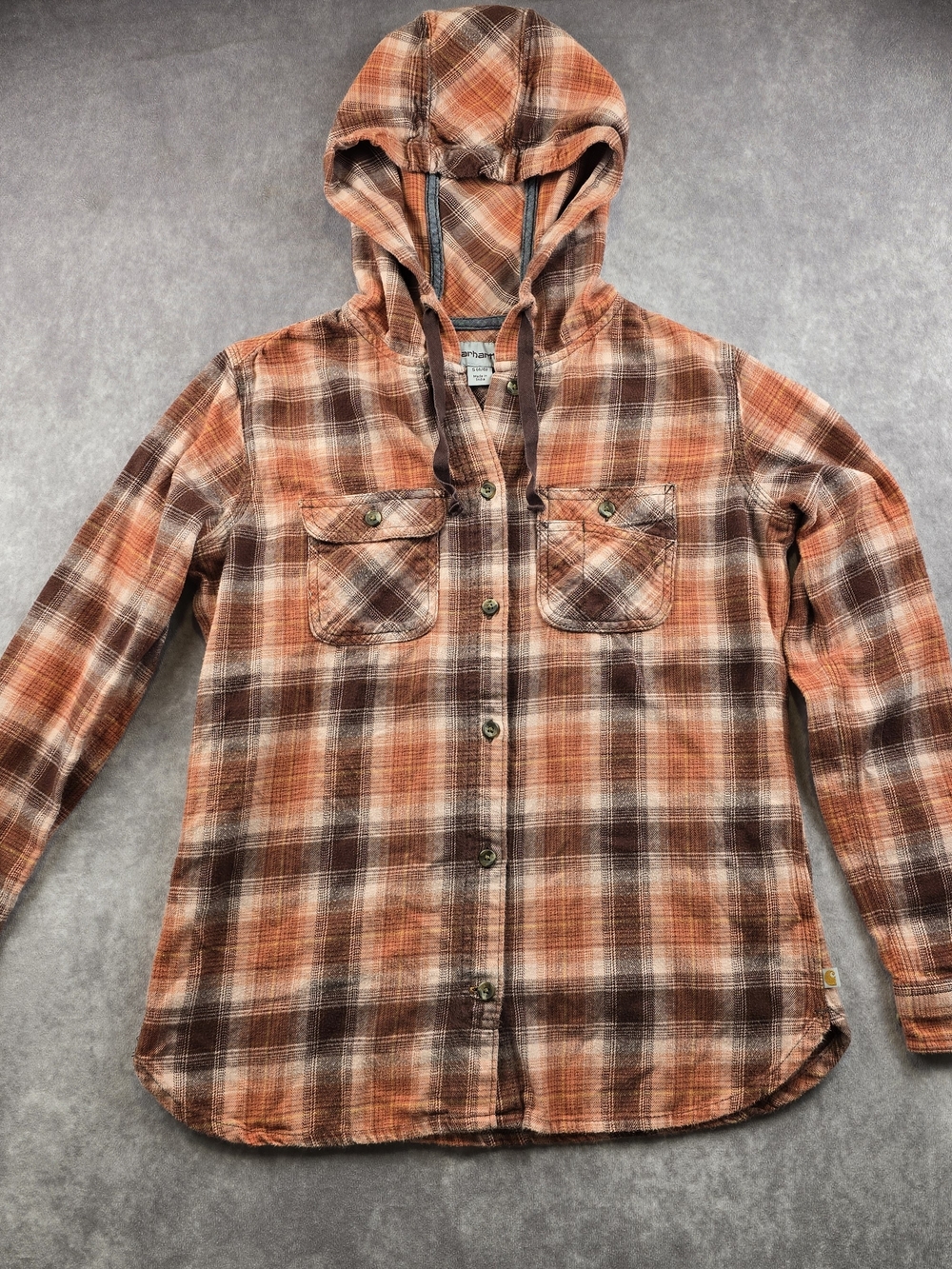 Carhartt Women’s Hooded Plaid Flannel Shirt Small Rust Brown
